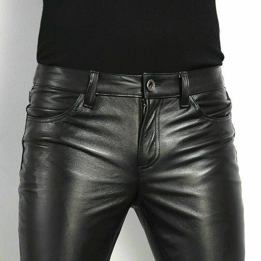 Black Faux Leather Pants with Spandex Stretch and Tapered Ankle Fit, Low Rise