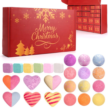 Bath Bomb Advent Box with 24 Wrapped Bath Bombs in 14 Scents and a Red Merry Christmas Design