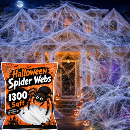 Wispy White Cobweb Bags with 40 Plastic Spiders in Four Coverage Sizes for Hedges Porches and Rooms