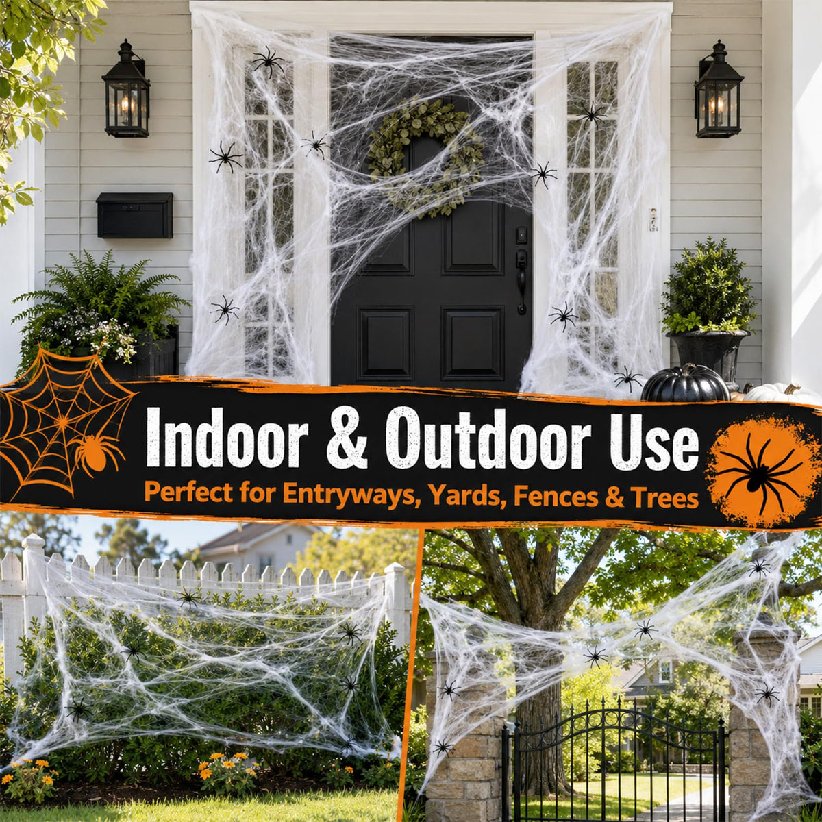 Wispy White Cobweb Bags with 40 Plastic Spiders in Four Coverage Sizes for Hedges Porches and Rooms