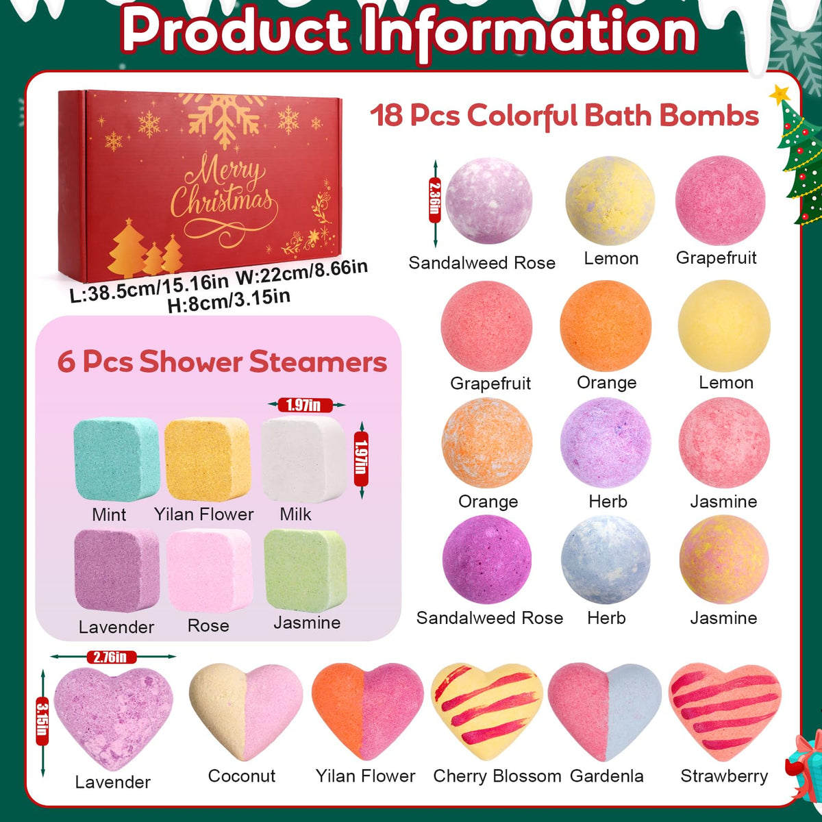 Bath Bomb Advent Box with 24 Wrapped Bath Bombs in 14 Scents and a Red Merry Christmas Design