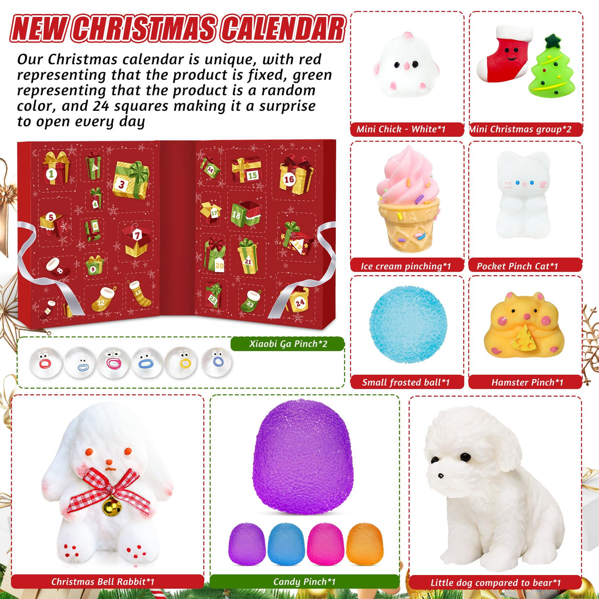Fold Open Christmas Calendar Box Packed with 24 Different Squishy Toys in Soft Thermoplastic Rubber