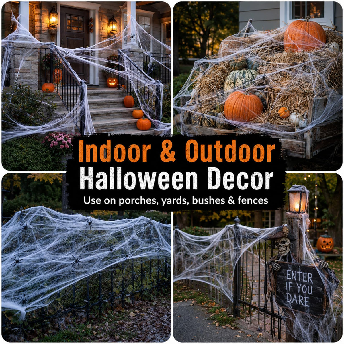 Wispy White Cobweb Bags with 40 Plastic Spiders in Four Coverage Sizes for Hedges Porches and Rooms