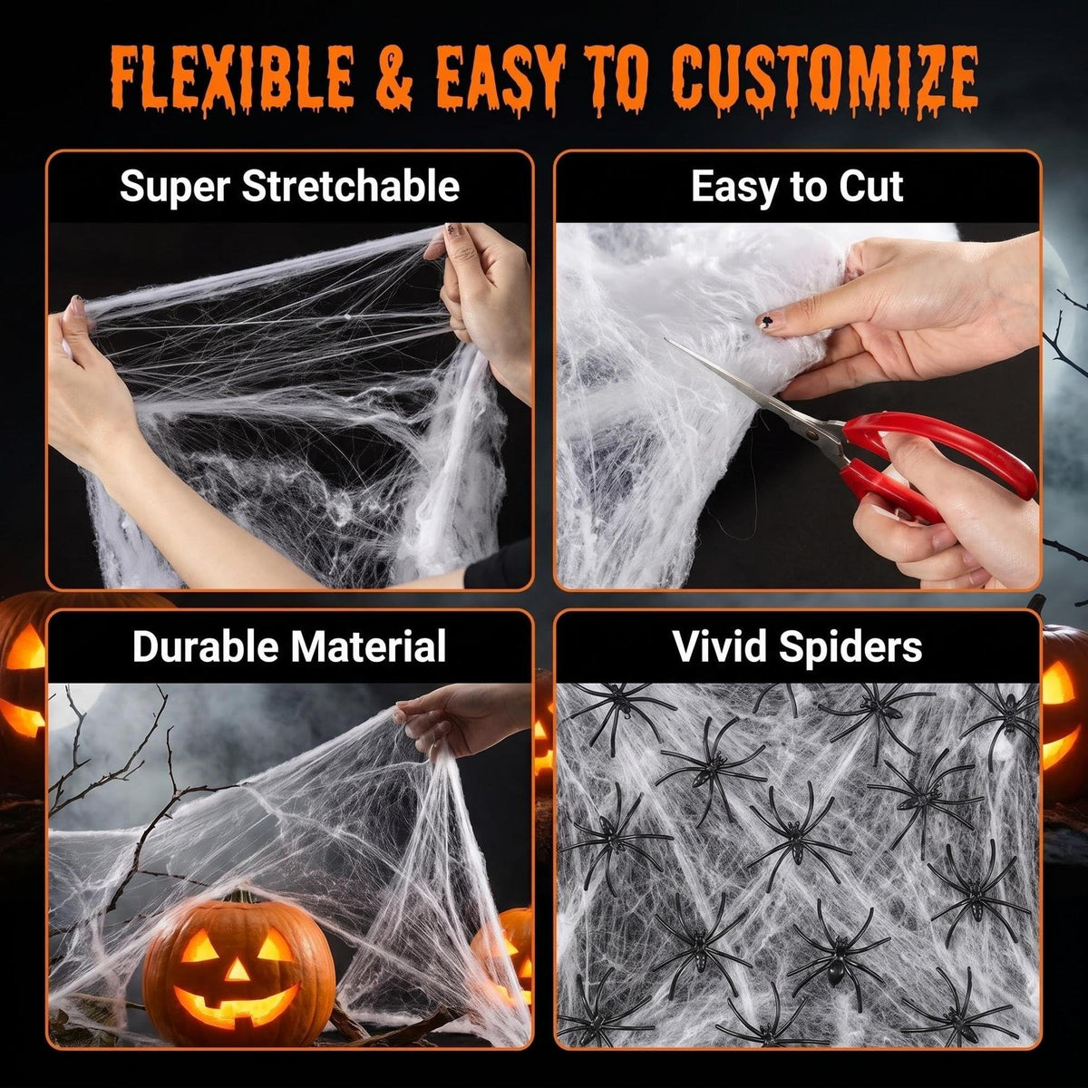 Wispy White Cobweb Bags with 40 Plastic Spiders in Four Coverage Sizes for Hedges Porches and Rooms