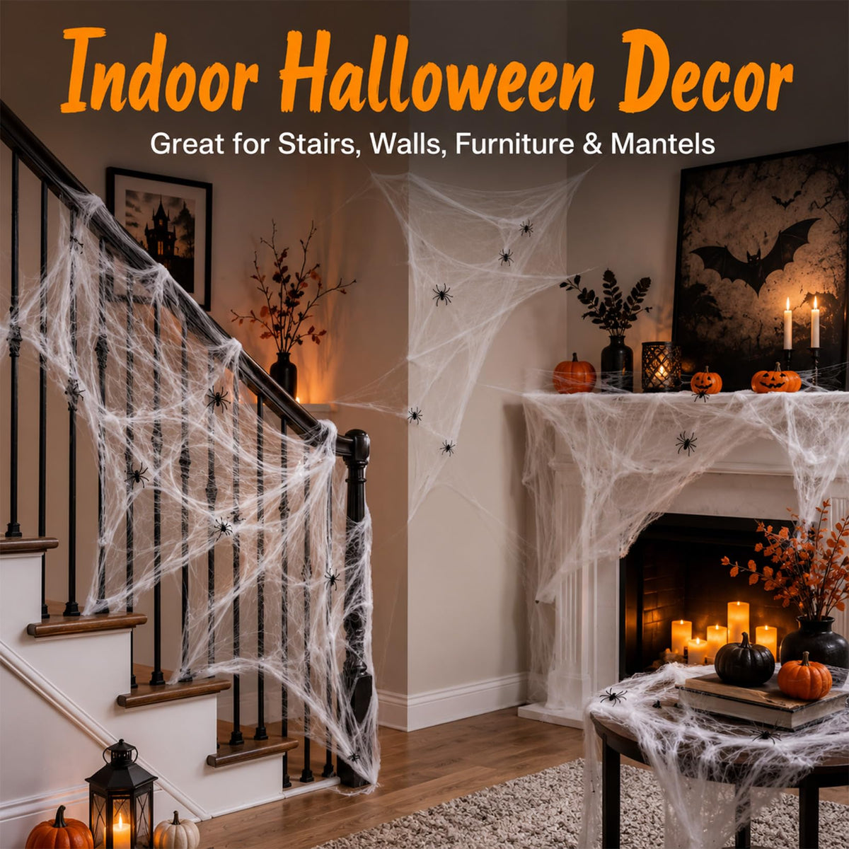 Wispy White Cobweb Bags with 40 Plastic Spiders in Four Coverage Sizes for Hedges Porches and Rooms