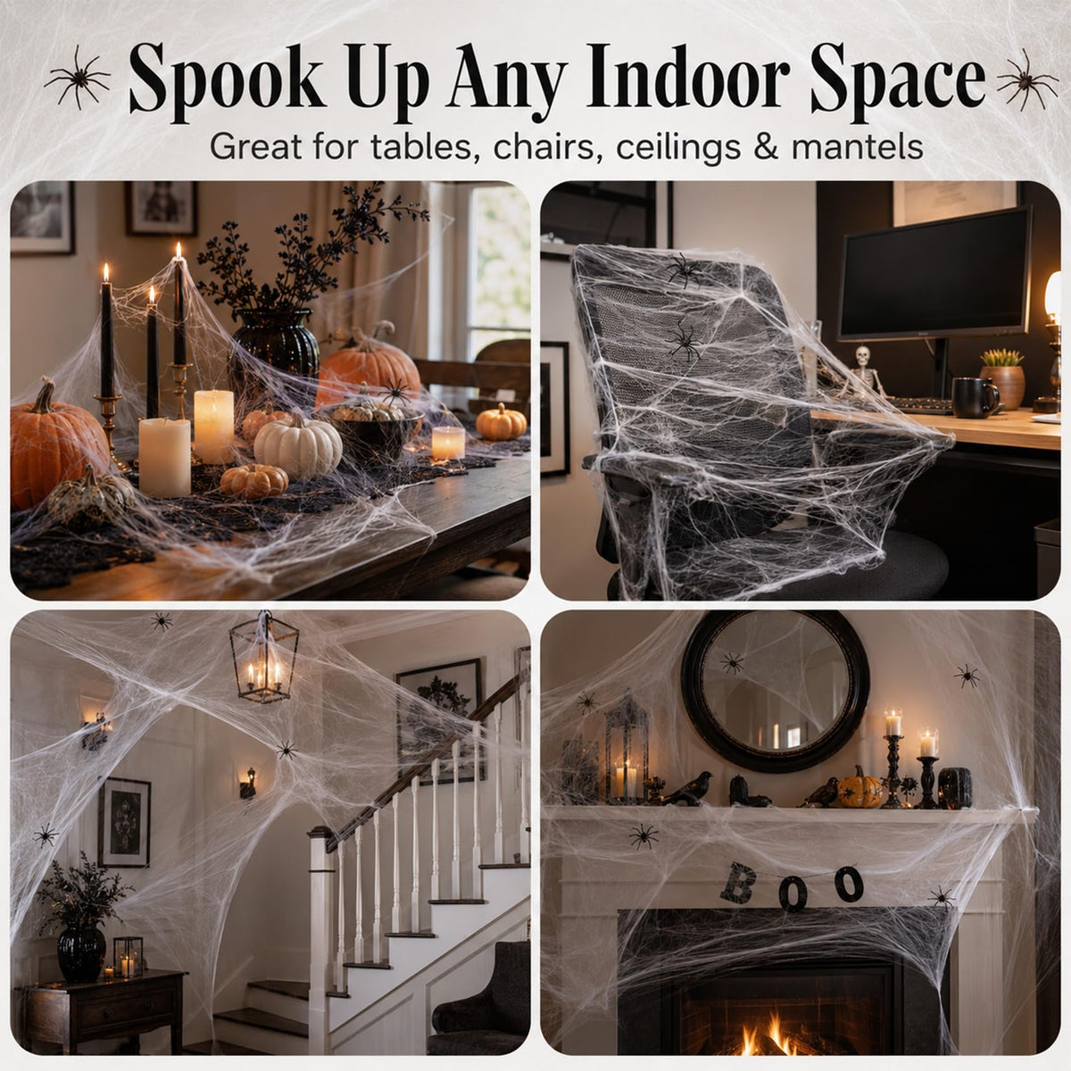 Wispy White Cobweb Bags with 40 Plastic Spiders in Four Coverage Sizes for Hedges Porches and Rooms