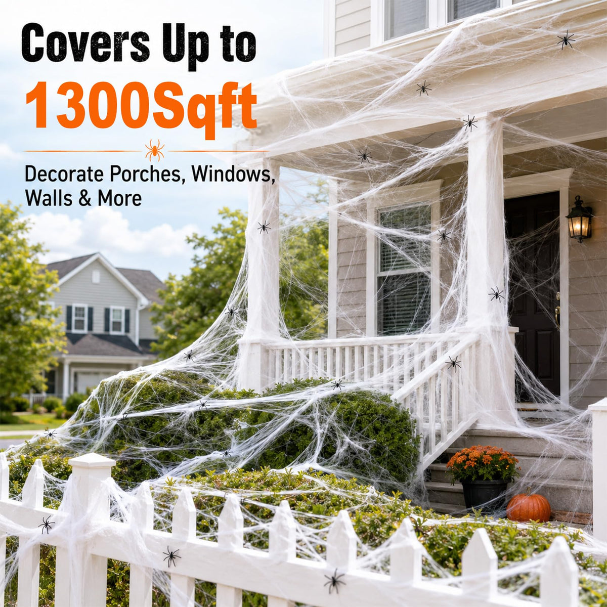 Wispy White Cobweb Bags with 40 Plastic Spiders in Four Coverage Sizes for Hedges Porches and Rooms