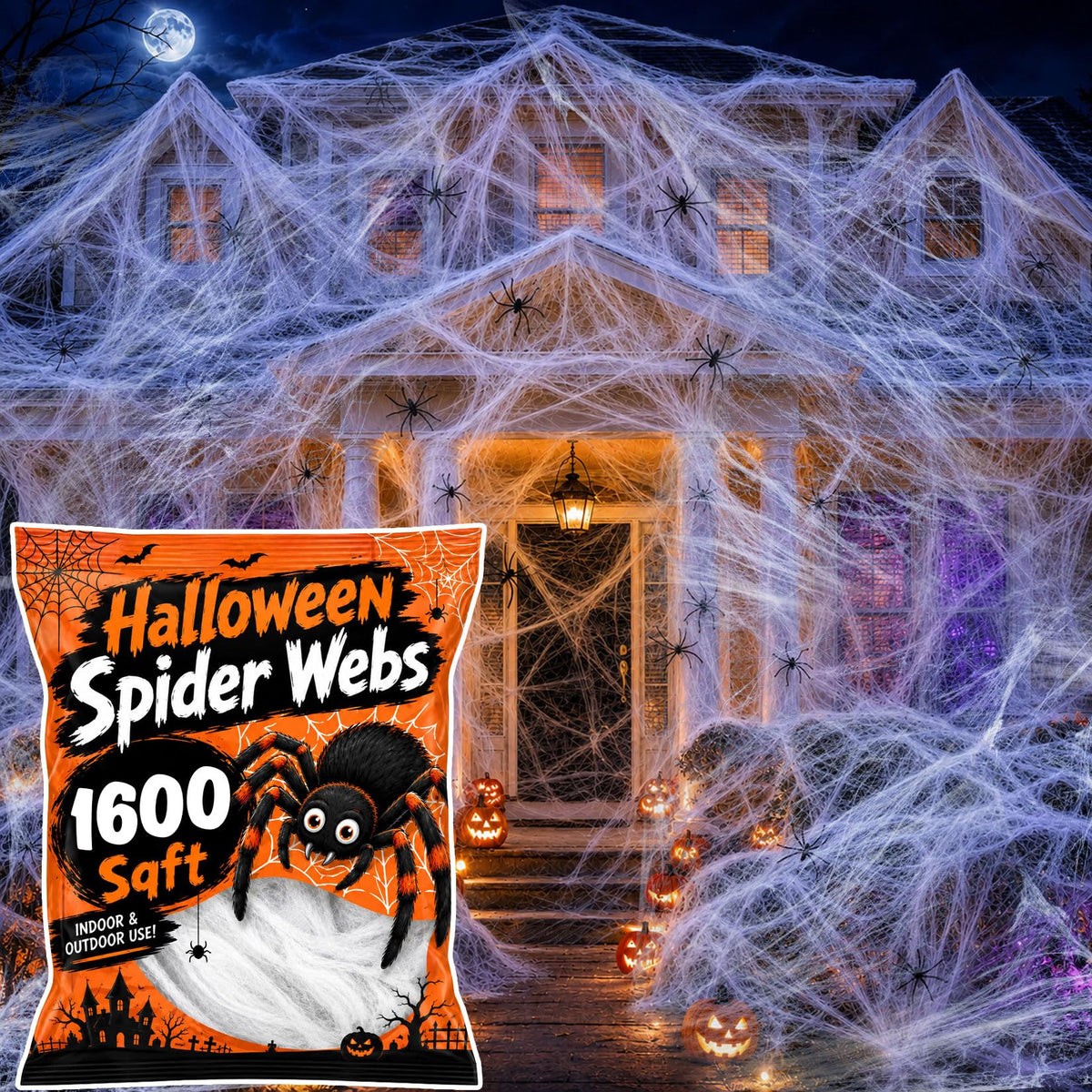 Wispy White Cobweb Bags with 40 Plastic Spiders in Four Coverage Sizes for Hedges Porches and Rooms