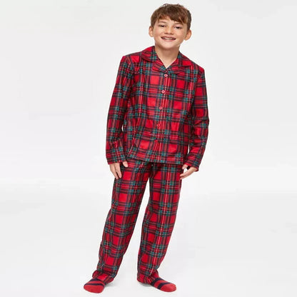 Kids Plaid Pajama Set with Notched Collar Shirt and Pull On Stretch Pants