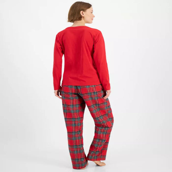 Plaid Cotton Pajama Set with Pullover Crewneck Top and Hip Pocket Drawstring Pants