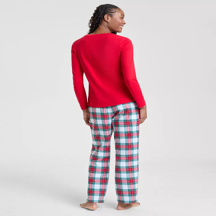 Womens Plaid Cotton Flannel Lounge Set with Crew Neck Top and Pocket Pants
