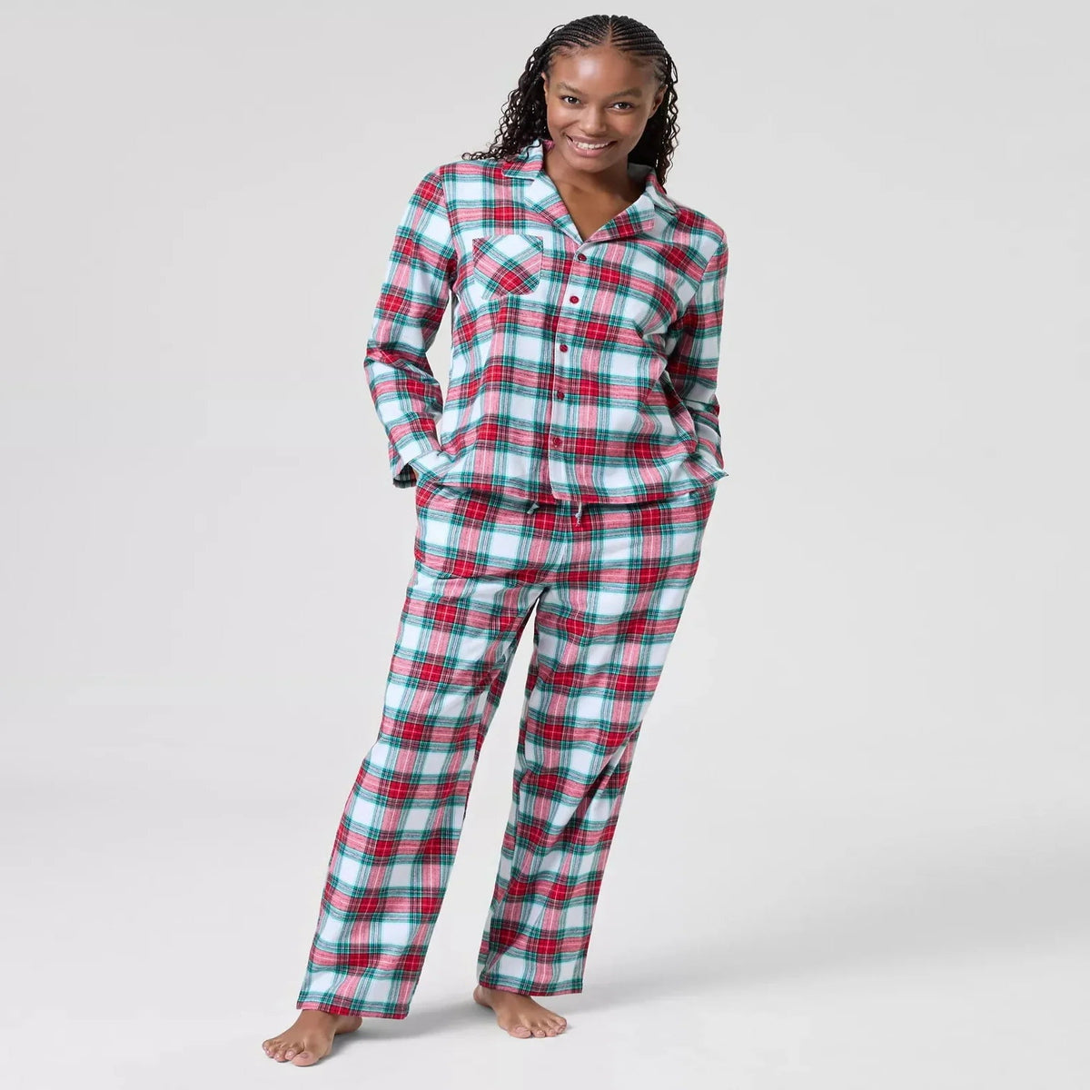 Plaid Cotton Pajamas with Button Up Top, Notched Collar and Drawstring Bottoms
