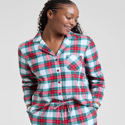Plaid Cotton Pajamas with Button Up Top, Notched Collar and Drawstring Bottoms