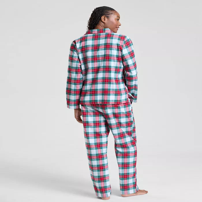 Plaid Cotton Pajamas with Button Up Top, Notched Collar and Drawstring Bottoms