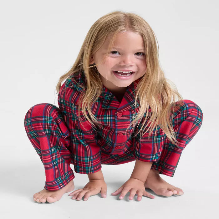 Kids Plaid Pajama Set with Notched Collar Shirt and Pull On Stretch Pants
