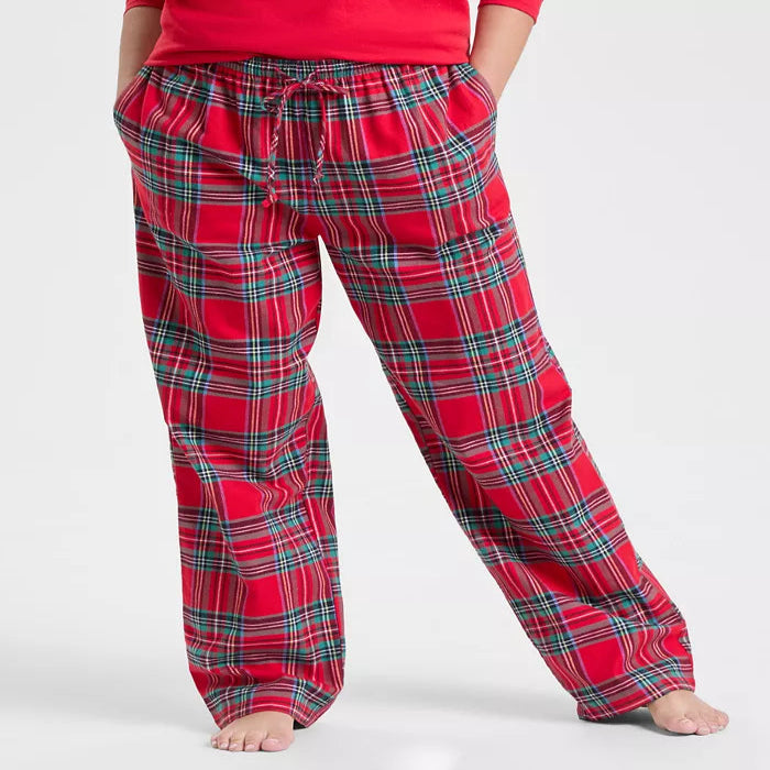 Plaid Cotton Pajama Set with Pullover Crewneck Top and Hip Pocket Drawstring Pants