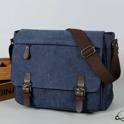 Mens Canvas Messenger Bag with Four Inner Pockets, Brass Buckles and Adjustable Strap in Five Colors