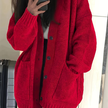 Chunky Ribbed Knit Cardigan with Button Front and Dual Front Pockets