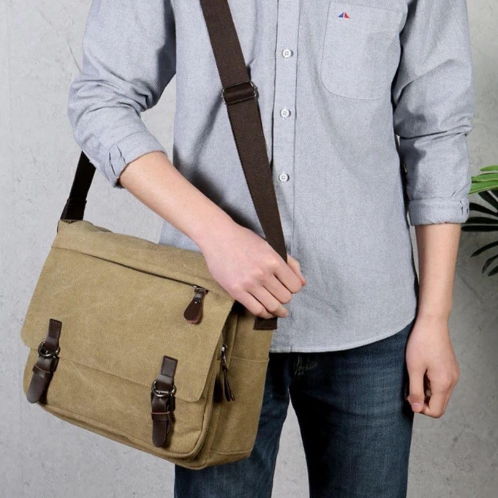 Mens Canvas Messenger Bag with Four Inner Pockets, Brass Buckles and Adjustable Strap in Five Colors