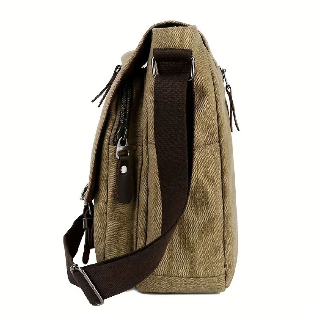 Mens Canvas Messenger Bag with Four Inner Pockets, Brass Buckles and Adjustable Strap in Five Colors