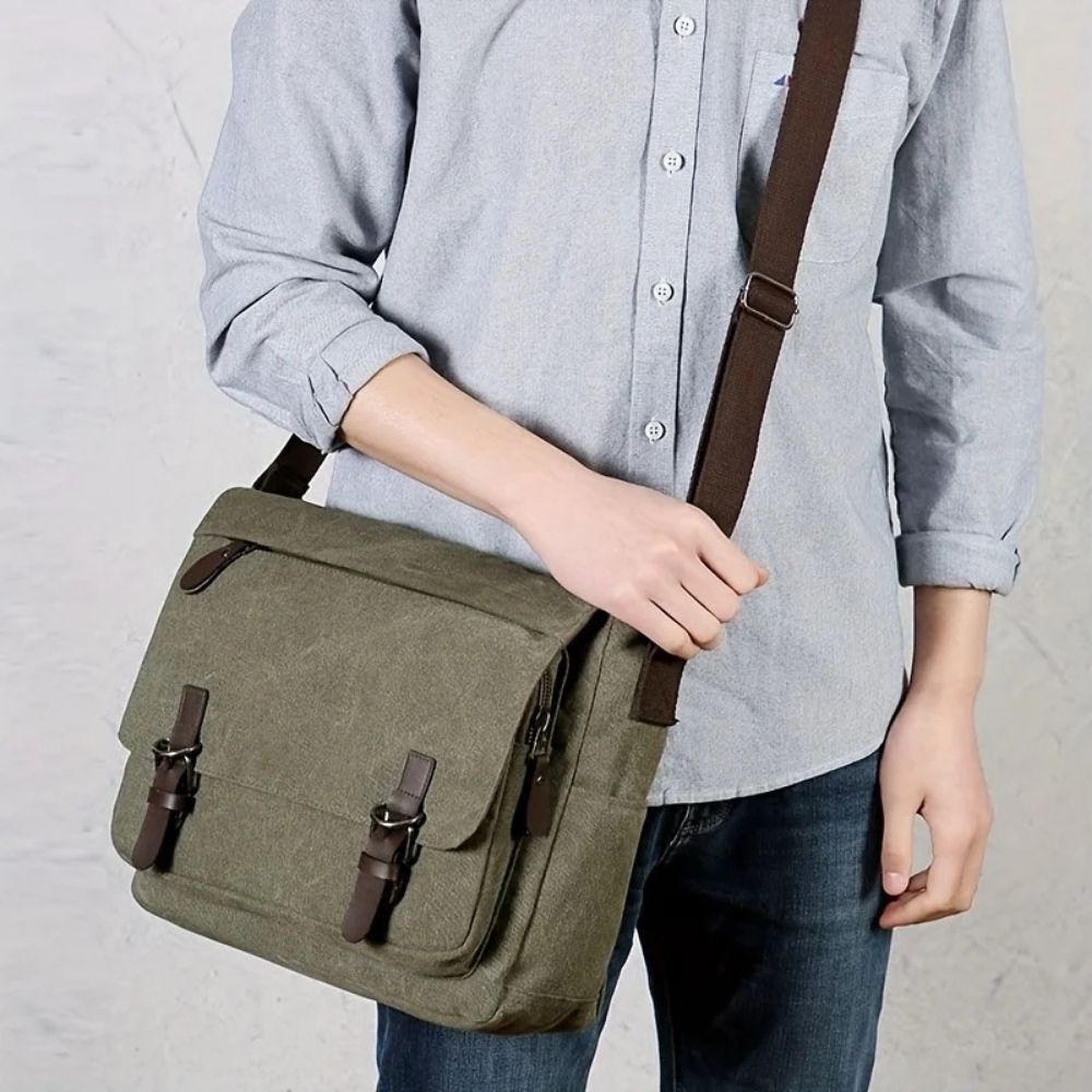 Mens Canvas Messenger Bag with Four Inner Pockets, Brass Buckles and Adjustable Strap in Five Colors