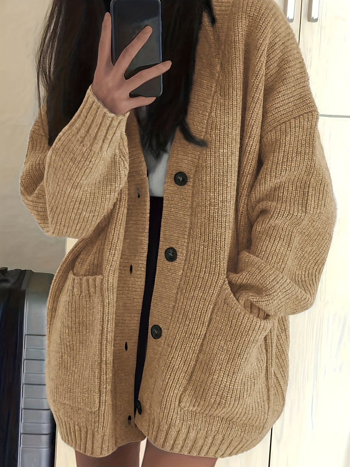 Chunky Ribbed Knit Cardigan with Button Front and Dual Front Pockets