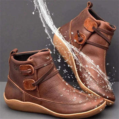 Faux Leather Ankle Boots with Orthopedic Footbed and Lace Closure, Water Resistant