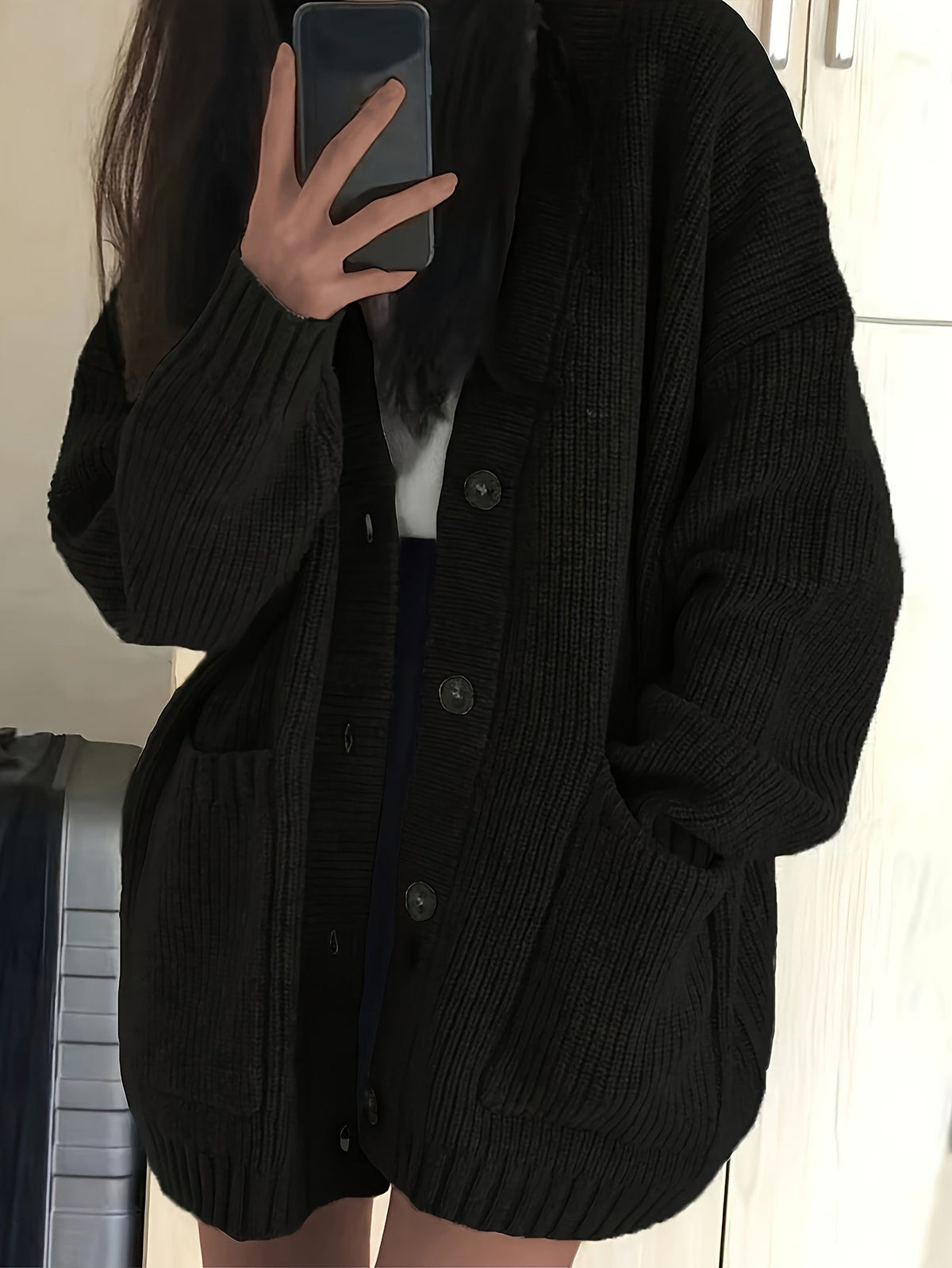 Chunky Ribbed Knit Cardigan with Button Front and Dual Front Pockets