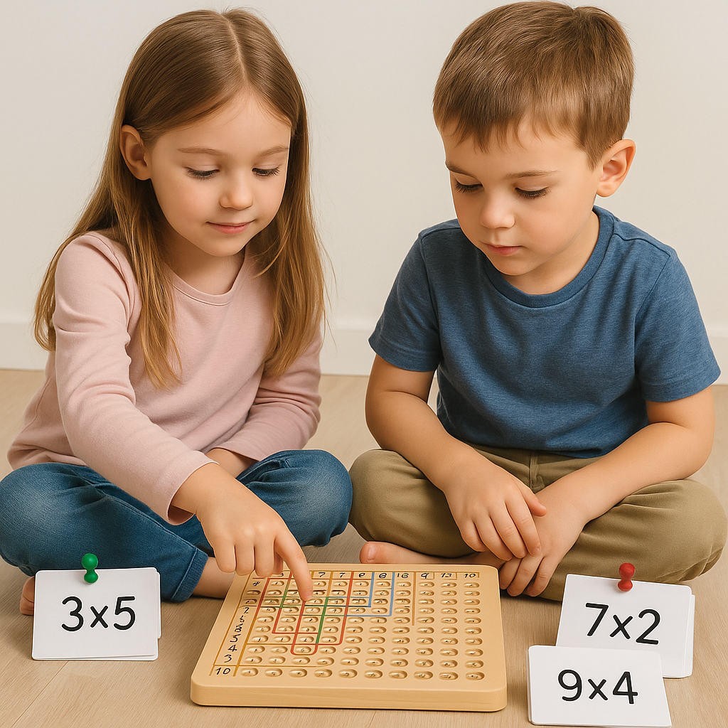 Wooden Number Board Game with Chips and Cards for Practicing Addition and Multiplication