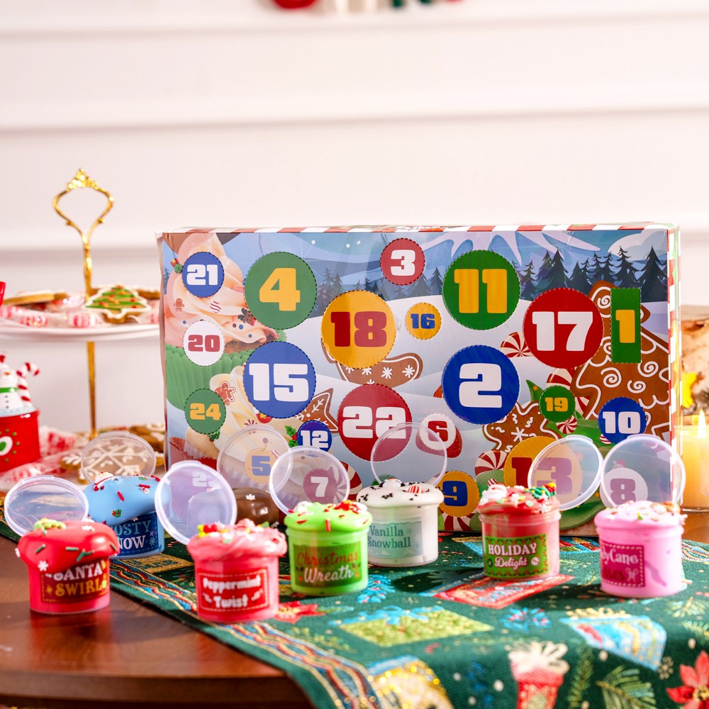 Christmas Countdown Calendar with 8 Jars of Slime and 16 Charm and Sprinkle Add Ins