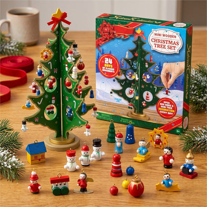 Wooden Tree Advent Calendar with 24 Mini Ornaments for Hanging on Tabletop Christmas Tree