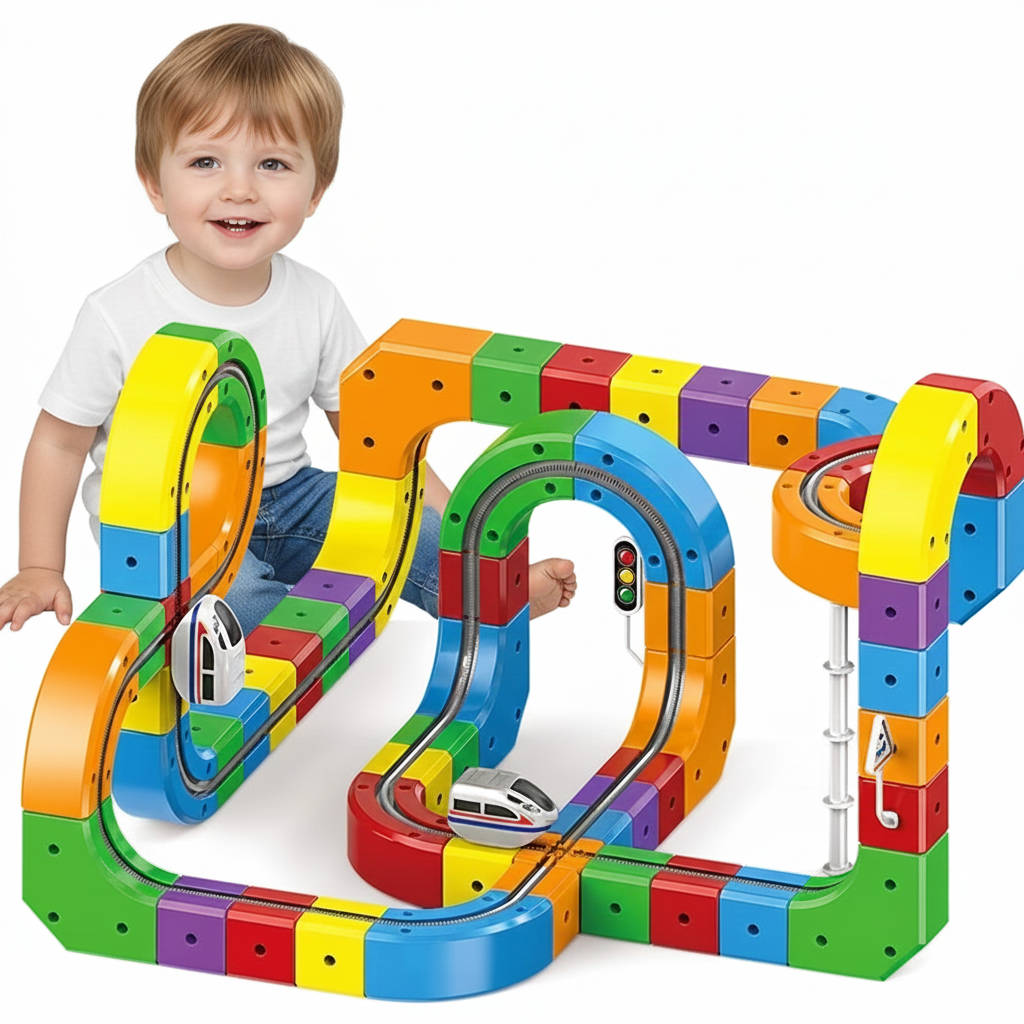 Magnetic Train Track Set with a Rechargeable Train, Bendy Track and Road Signs in 51 or 81 Pieces