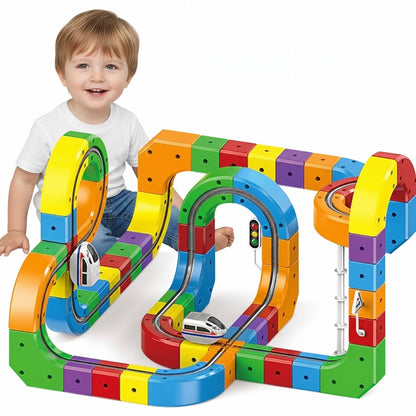 Magnetic Train Track Set with a Rechargeable Train, Bendy Track and Road Signs in 51 or 81 Pieces