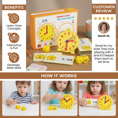 Learning Clock Game with Movable Hands, Time Cards and Dice for Matching Times at Home or in Class
