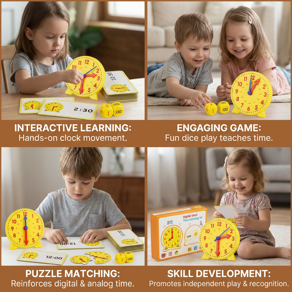 Learning Clock Game with Movable Hands, Time Cards and Dice for Matching Times at Home or in Class