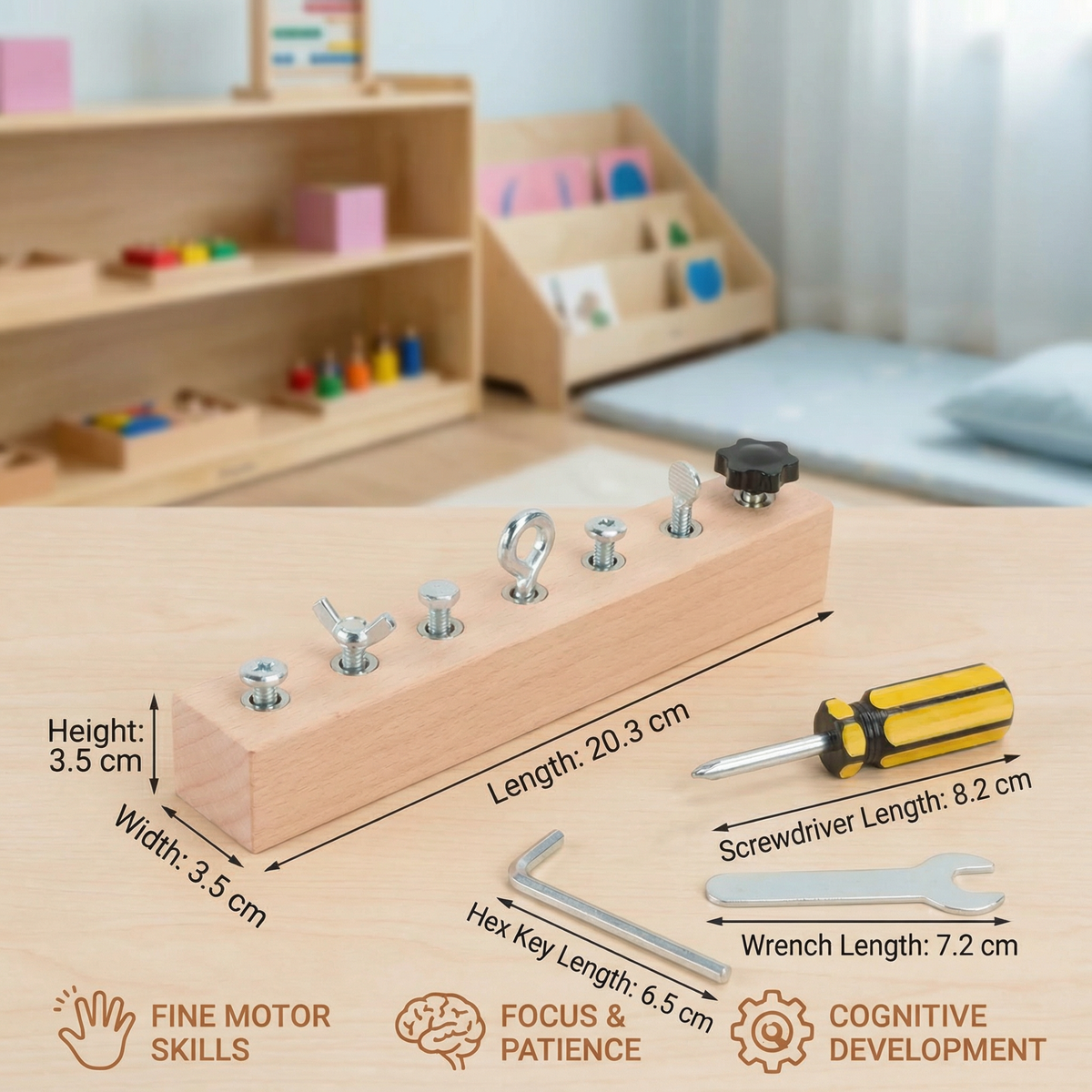 Wooden Screw and Nut Play Set for Twisting Matching and Sorting in Four Or Seven Piece Sizes