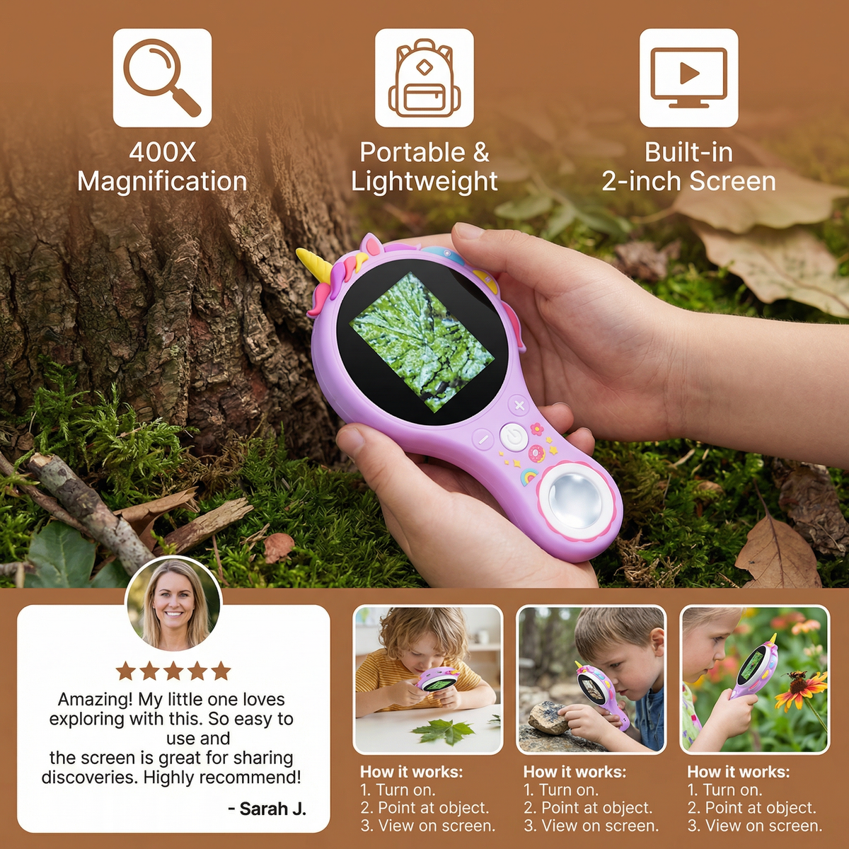 Kids Digital Video Microscope with an Integrated Screen, LED Lights and 500x Zoom in Four Animal Styles
