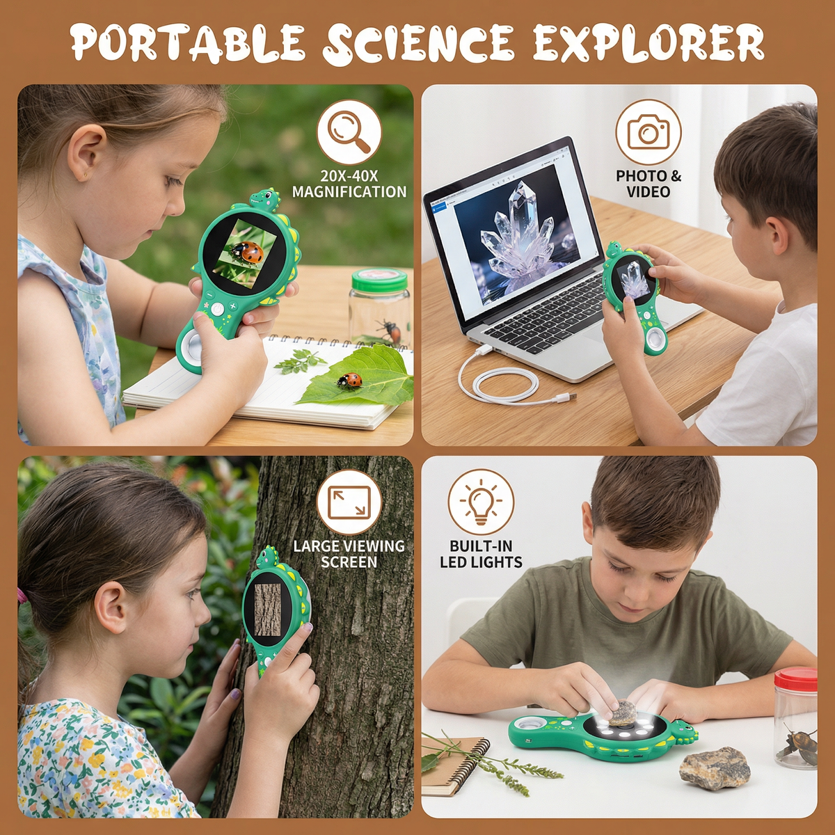 Kids Digital Video Microscope with an Integrated Screen, LED Lights and 500x Zoom in Four Animal Styles