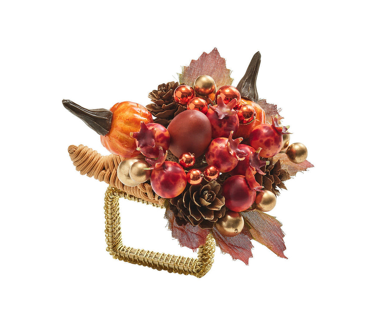 Cornucopia Napkin Ring with Raised Berries and Pumpkins, Set of 4