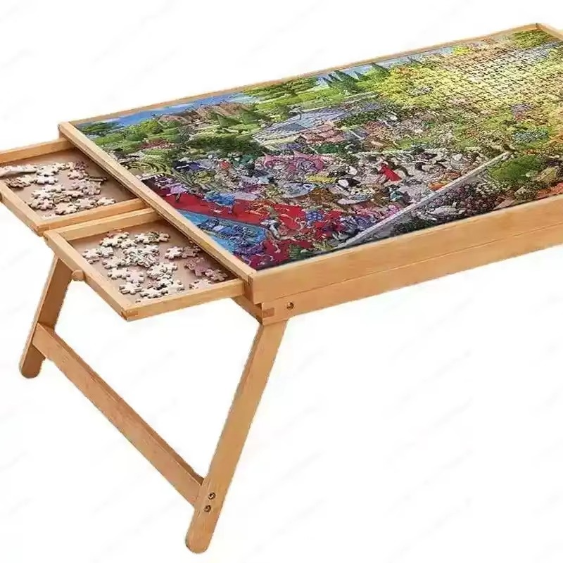 Foldable Wood Puzzle Table with Four Side Drawers That Holds Puzzles Up to 1500 Pieces