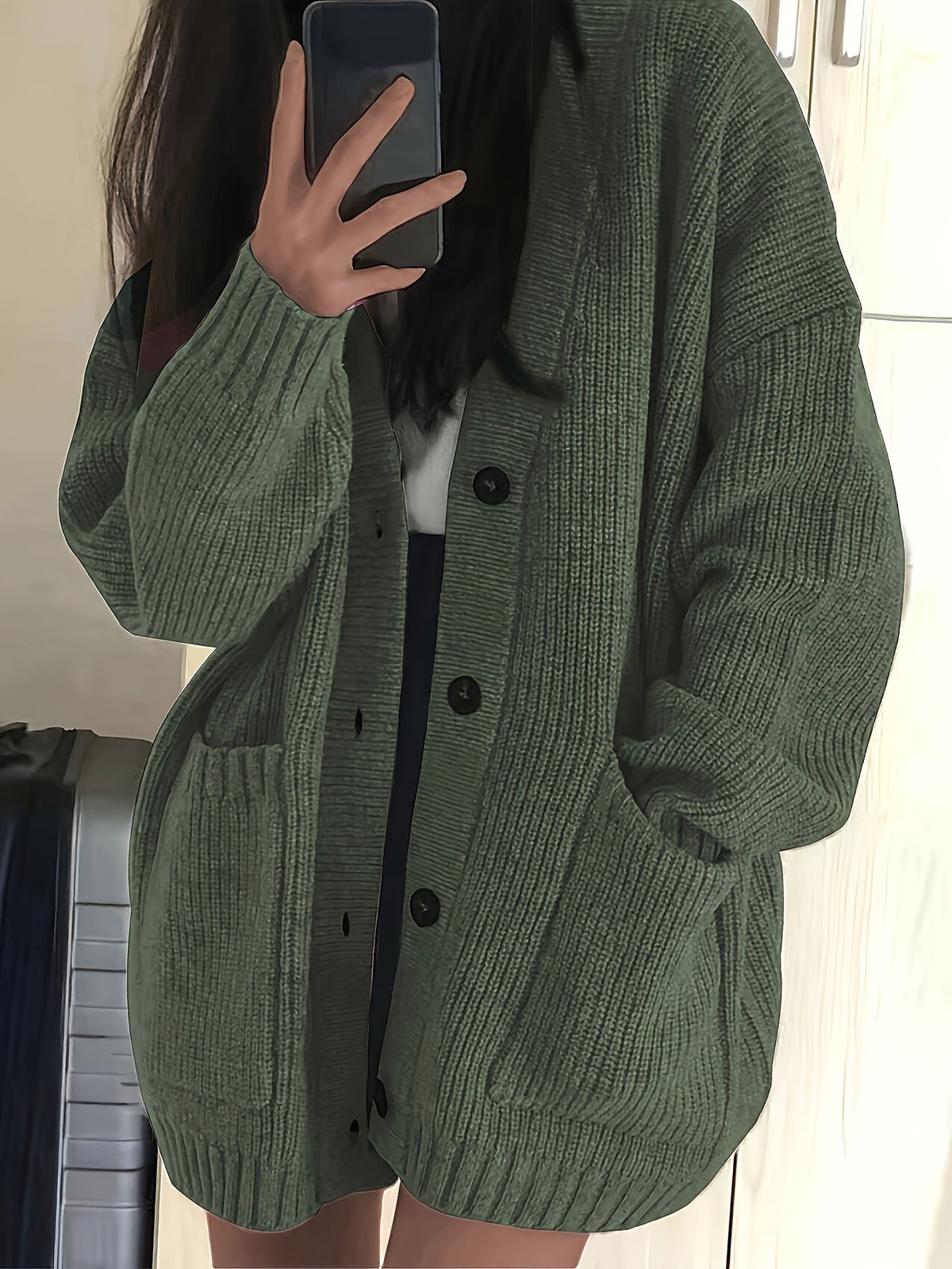 Chunky Ribbed Knit Cardigan with Button Front and Dual Front Pockets