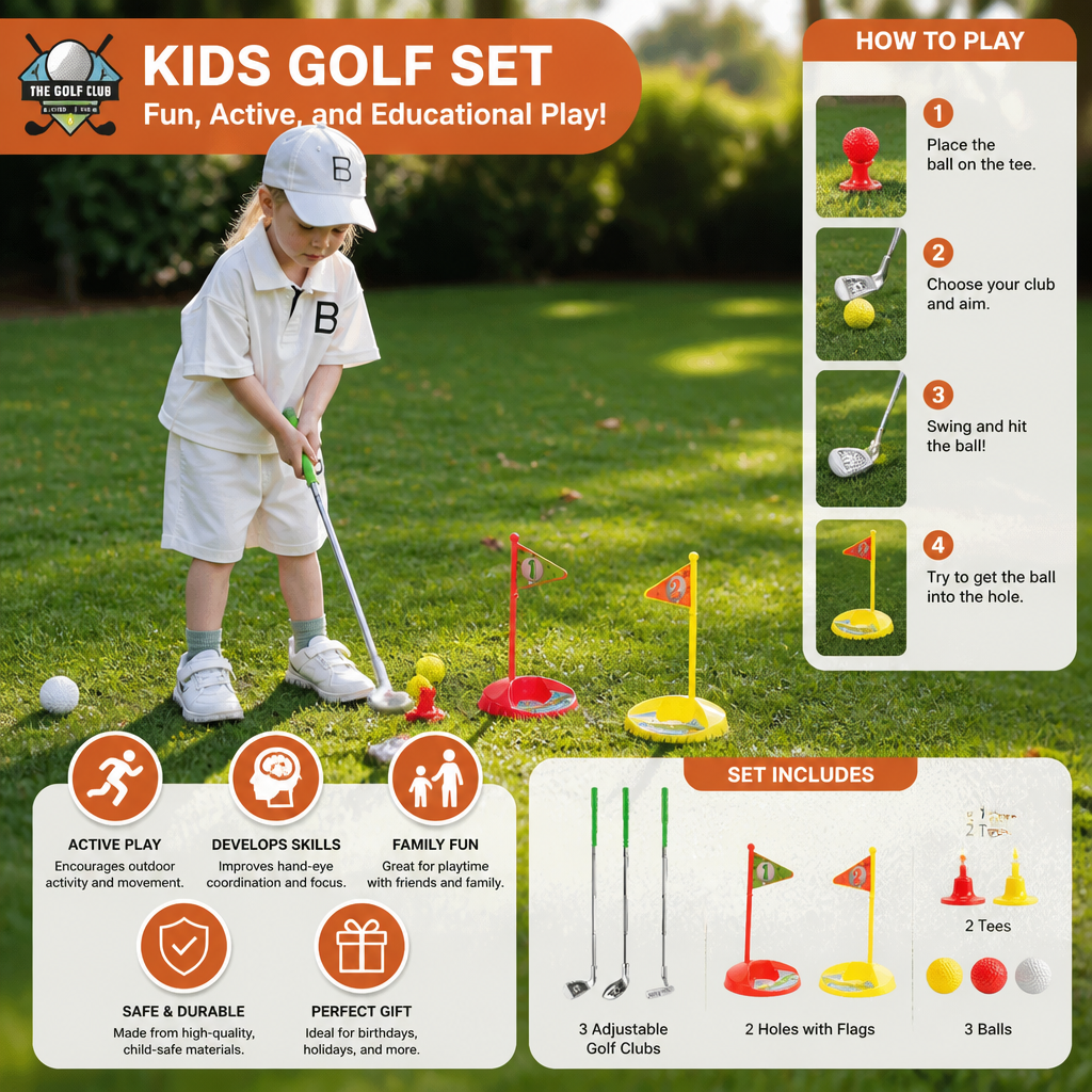 Kids Golf Set with Adjustable Clubs, Two Flags and Balls for Backyard and Indoor Play