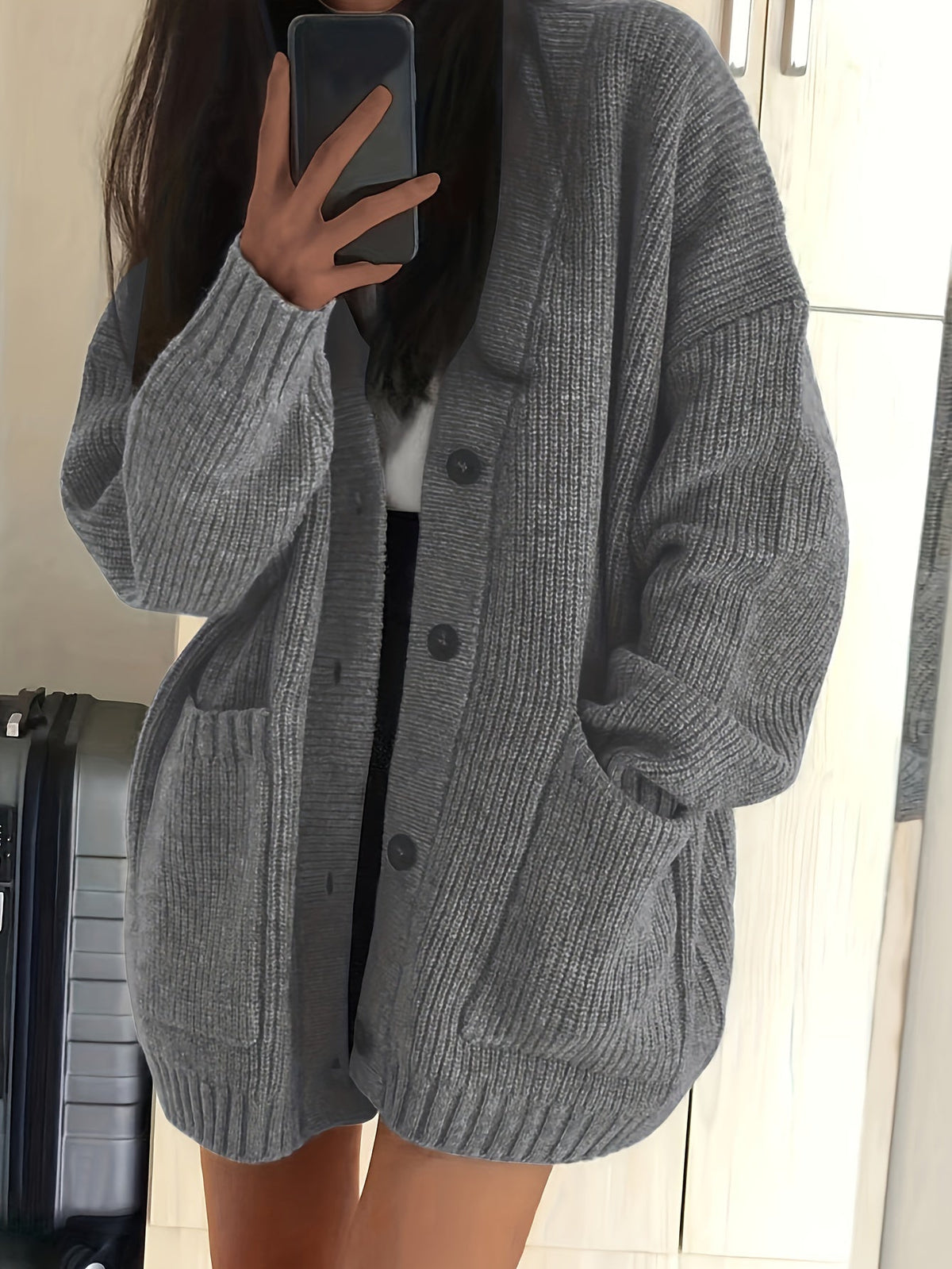 Chunky Ribbed Knit Cardigan with Button Front and Dual Front Pockets