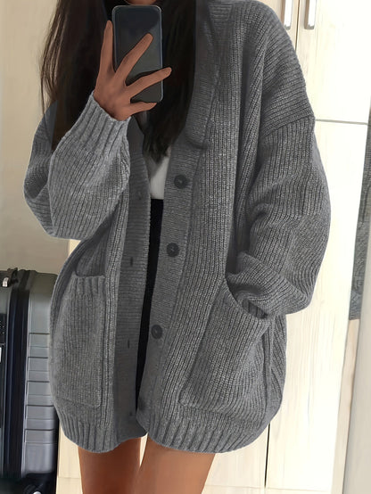 Chunky Ribbed Knit Cardigan with Button Front and Dual Front Pockets