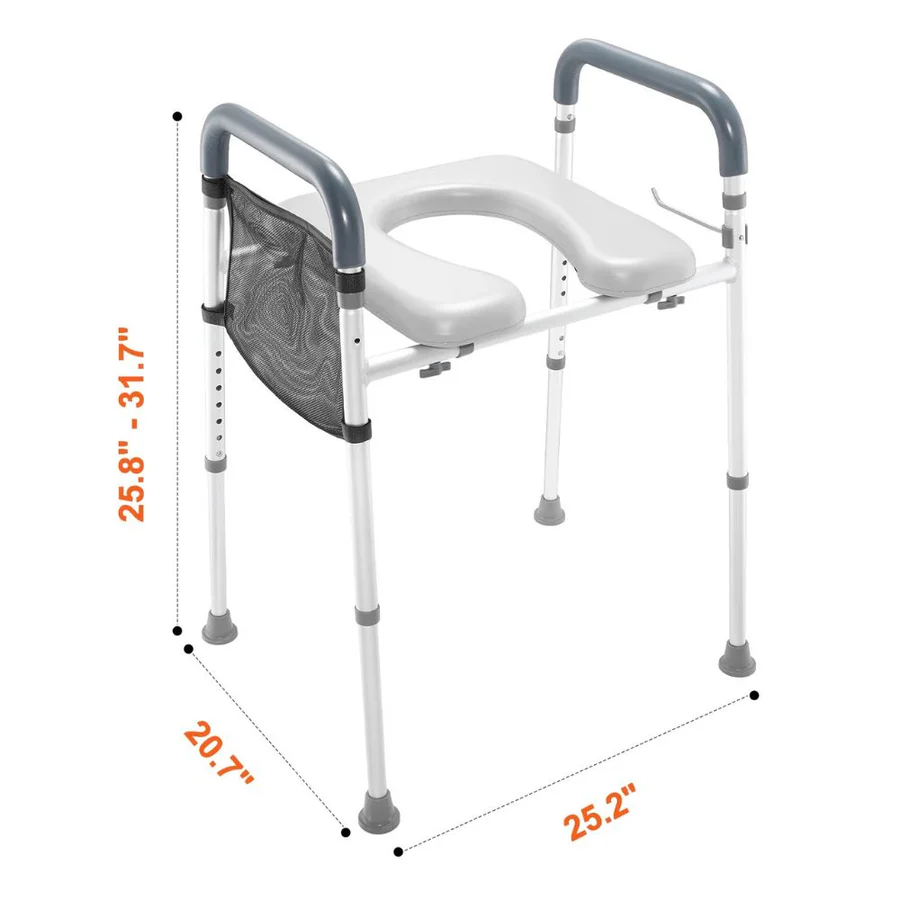 Height Adjustable Raised Toilet Seat with Padded Armrests and Aluminum Frame for Home Bathrooms