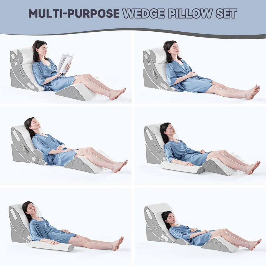 Four Piece Memory Foam Wedge Pillow Set with Linking Straps and Washable Plush Covers in Three Colors