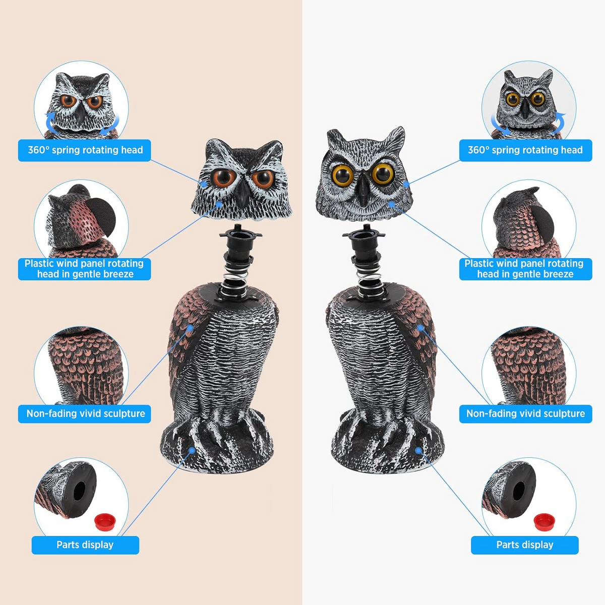 Owl Decoy with 360 Degree Rotating Head and Hand Painted Details, 2 Pack