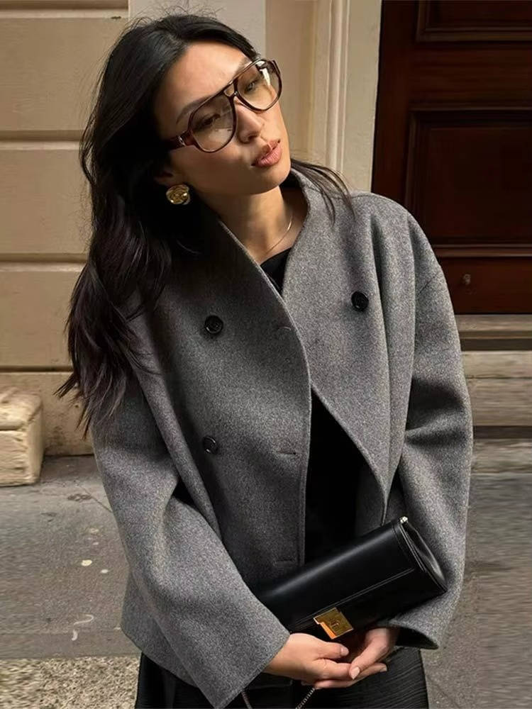 Womens Cropped Double Breasted Peacoat with a Stand Collar and Soft Interior Lining in Khaki or Gray