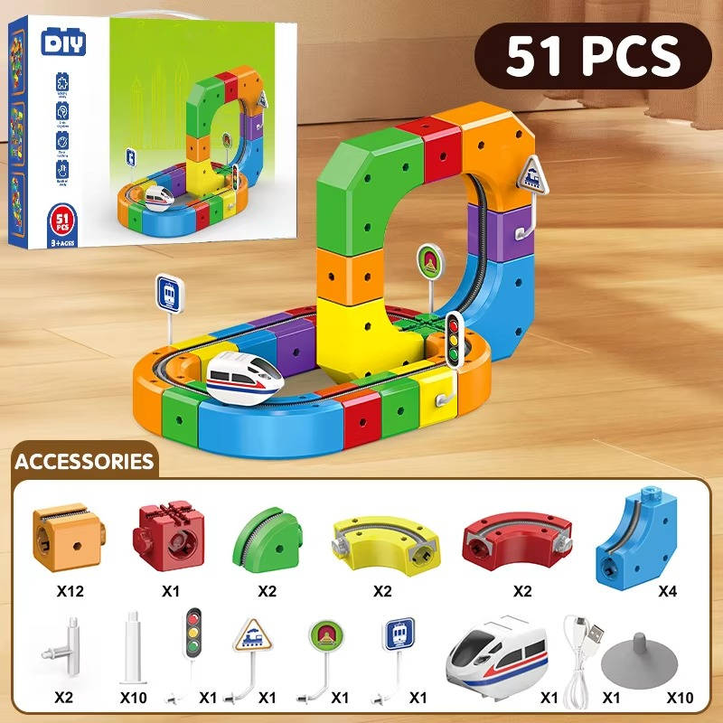 Magnetic Train Track Set with a Rechargeable Train, Bendy Track and Road Signs in 51 or 81 Pieces