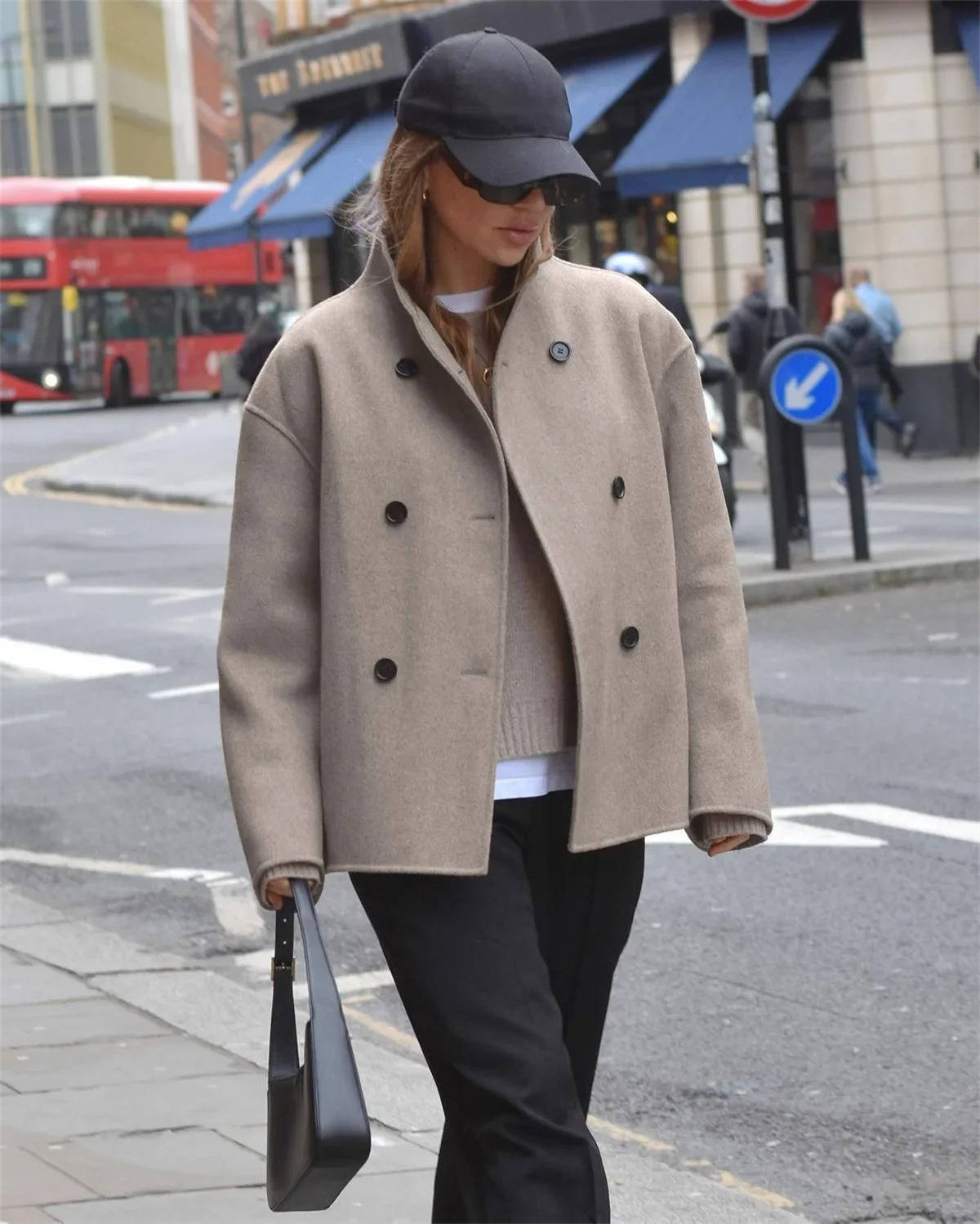 Womens Cropped Double Breasted Peacoat with a Stand Collar and Soft Interior Lining in Khaki or Gray